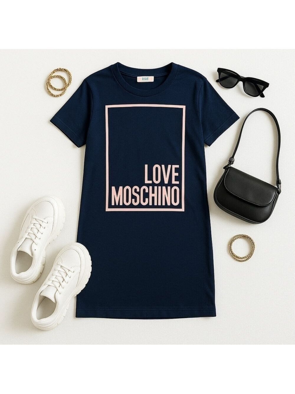 NWT Love Moschino Blue Red Graphic Mini T-Shirt Dress Size 4